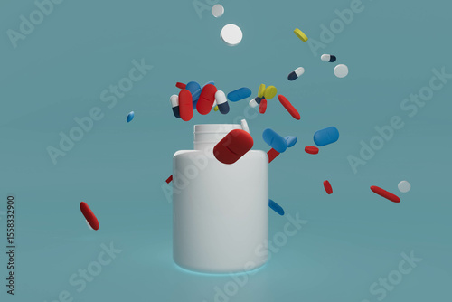 A white pill bottle with pills falling out of it