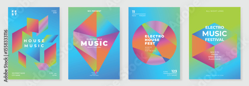 Modern gradient prism poster background vector set. Cover template with vibrant perspective geometric prism shapes different. Ideal design for social media, cover, banner, flyer.