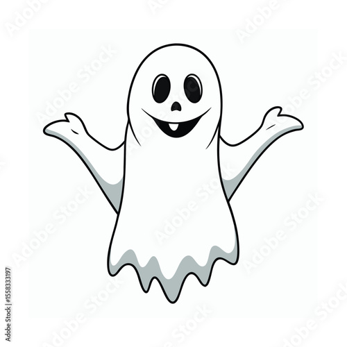 Spooky cartoon ghost with wide stretched arms reaching out on a clean white background