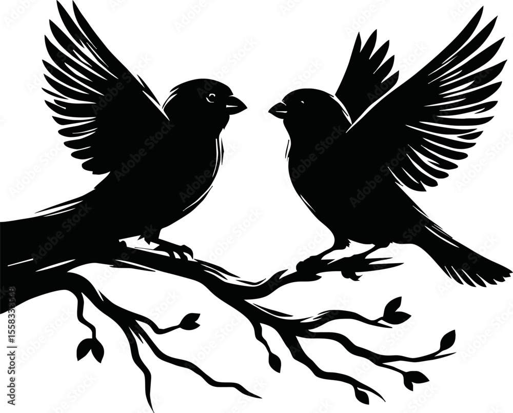 Obraz premium Silhouette of love birds on a branch vector on white background