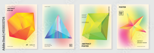 Modern gradient prism poster background vector set. Cover template with vibrant perspective geometric prism shapes different. Ideal design for social media, cover, banner, flyer.