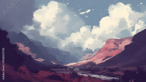 landscape formed from colorful digital brushstrokes under a glowing sky