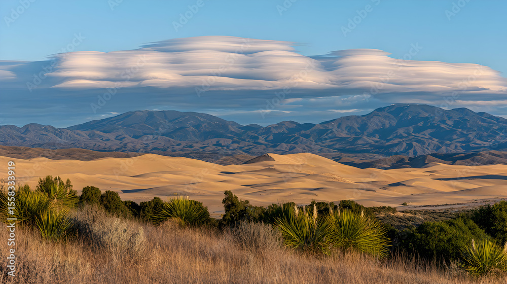 Obraz premium floating in the sky over a desert with dramatic cloud shadows