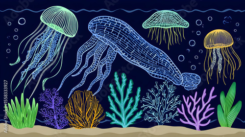 with glowing jellyfish floating around bioluminescent coral reefs