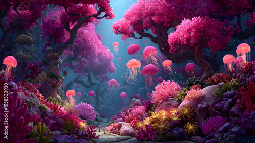 with glowing jellyfish floating around bioluminescent coral reefs