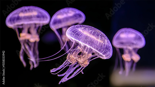 with glowing jellyfish floating around bioluminescent coral reefs