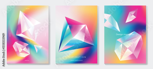 Modern gradient prism poster background vector set. Cover template with vibrant perspective geometric prism shapes different. Ideal design for social media, cover, banner, flyer.