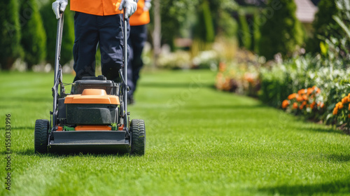 Professional landscaping crew mowing vibrant public park, showcasing lush green grass and colorful flower beds. scene reflects dedication to maintaining outdoor beauty and community spaces