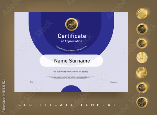 Wallpaper Mural Elegant certificate template with curved blue design and gold award emblem suitable for corporate recognition or academic achievement Torontodigital.ca