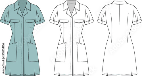 Short sleeve utility shirt dress technical flat fashion sketch with multiple pockets, stylish collar design, front and back views, vector template

 flat vector illustration