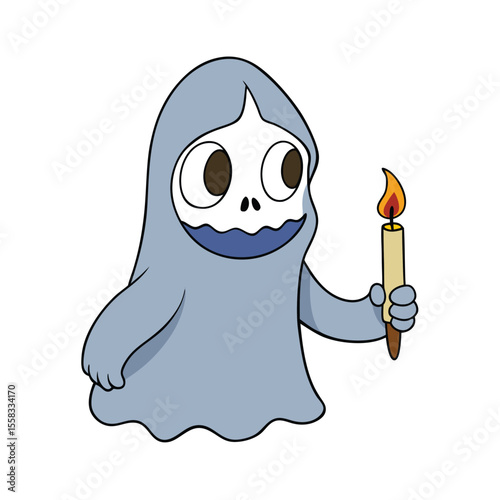 Spooky ghost character holding a glowing candle in the dark on a simple white background