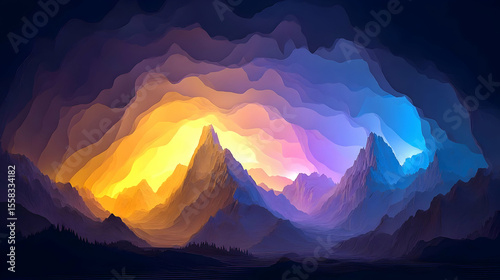 made of layered paper cut textures with colorful lighting and long shadows