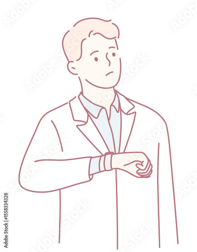 A pensive and thoughtful man in a lab coat is looking at his wrist while reflecting on time and tasks ahead