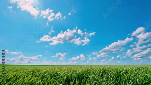 A vast expanse of tall, green grass sways gently in a light breeze against a backdrop of a clear, vibrant blue sky dotted with fluffy white clouds.