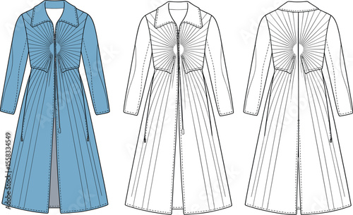 Long sleeve gathered front trench coat technical fashion flat sketch, stylish collar, waist zipper, elegant design, vector template drawing

 flat vector illustration