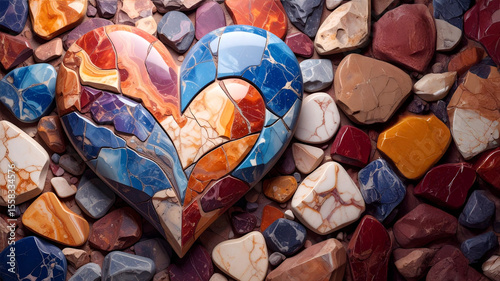 A detailed top-down view of a large heart-shaped mosaic composed of numerous cracked and textured stone fragments and marbles in vibrant colors like orange, blue, red, purple, and white, set against a