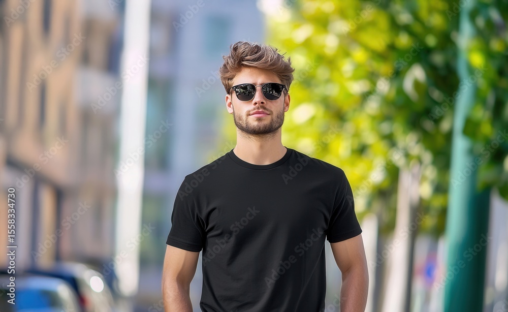 Fototapeta premium Fashionable model a apparel black t shirt and sunglasses, ideal for urban lifestyle and showcasing mockups