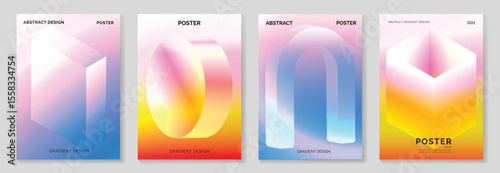 Modern gradient prism poster background vector set. Cover template with vibrant perspective geometric prism shapes different. Ideal design for social media, cover, banner, flyer.