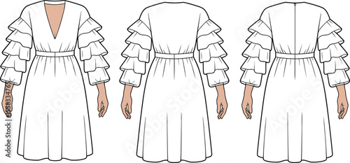 Elegant long sleeve ruffle dress fashion flat sketch, deep V-neck, fitted waist, layered sleeves, vector technical drawing, stylish outfit design

 flat vector illustration