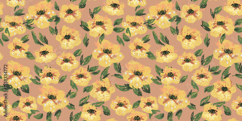 Seamless vector floral pattern with expressive yellow flowers and green leaves on a beige background. Bold and artistic design for textiles, packaging, wallpapers, fashion prints