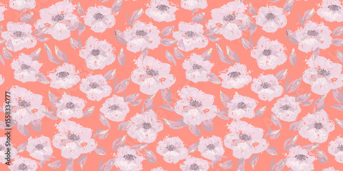 Seamless vector floral pattern with expressive flowers and  leaves on a pastel orange background. Bold and artistic design for textiles, packaging, wallpapers, fashion prints