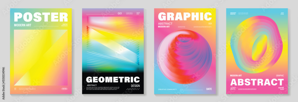 Modern gradient prism poster background vector set. Cover template with vibrant perspective geometric prism shapes different. Ideal design for social media, cover, banner, flyer.