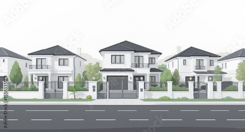 Suburban street lined with identical modern, white houses featuring dark roofs, gates, and manicured lawns.