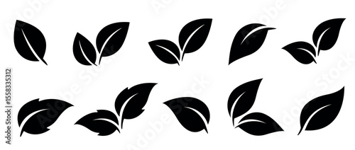 Flying leaves icons, green branches silhouettes
