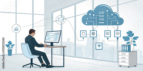 A Businessman Effectively Using a Computer to Manage Important Documents
