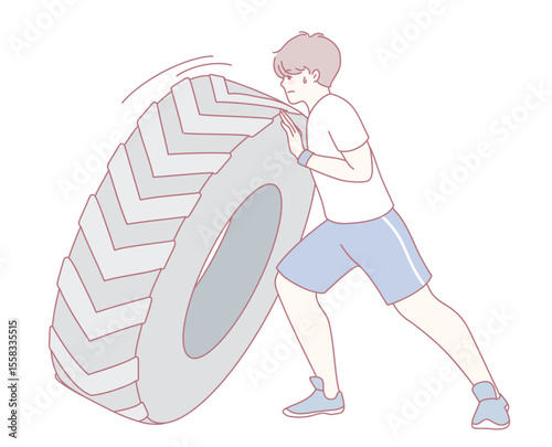 A young individual is energetically pushing a large tire as part of their strength training routine for fitness