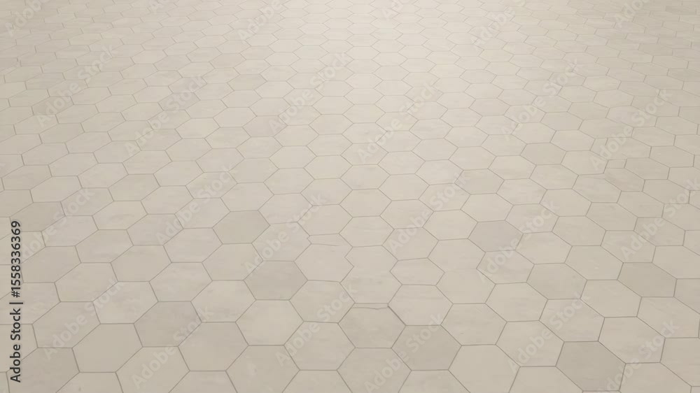Hexagonal patterned flooring in light neutral tones  