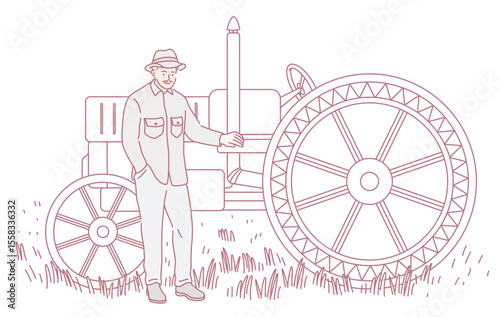 A nostalgic illustration depicting a farmer proudly standing next to a vintage tractor set in a serene rural landscape