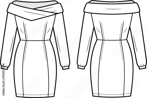 Fashion technical sketch of elegant bodycon dress with off shoulder neckline, front and back view, flat fashion illustration

 flat vector illustration
