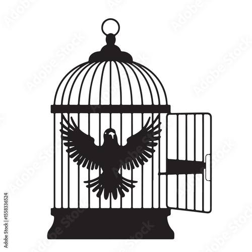 Golden birdcage with an open door and a bird flying free, symbolizing freedom from confinement