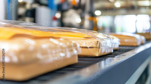 Packages are sealed in plastic wrap on conveyor belt, showcasing modern packaging process in warehouse environment. scene conveys efficiency and organization in logistics