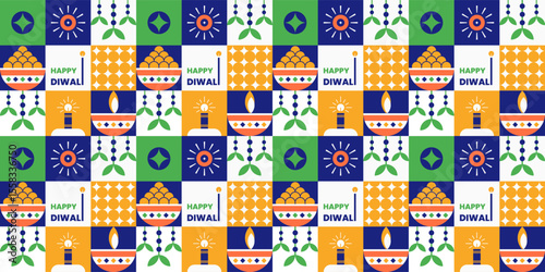 Happy Diwali festive grid with lamps and sweets.