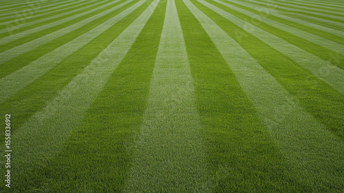 Vibrant green freshly cut lawn with distinct mowing lines creates visually appealing landscape. neat stripes enhance beauty of outdoor space, inviting relaxation and enjoyment