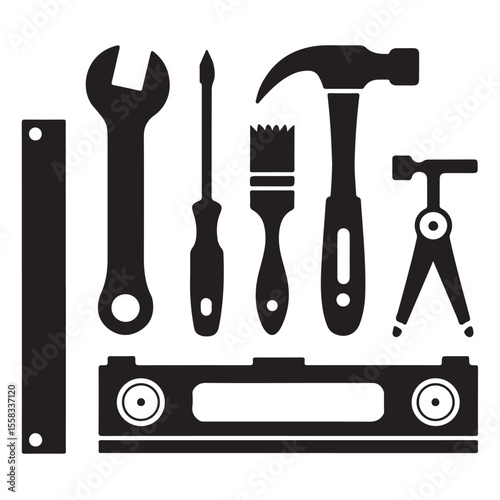 Vector set of repair tools including hammer, wrench, screwdriver, pliers, and saw, isolated on white