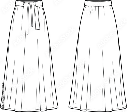 High waisted long skirt with drawstring belt, front and back technical fashion flat sketch, minimalist garment design illustration

flat vector illustration