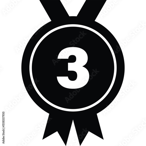 Number 3 Medal Icon Vector, Third Place Award Ribbon Illustration.