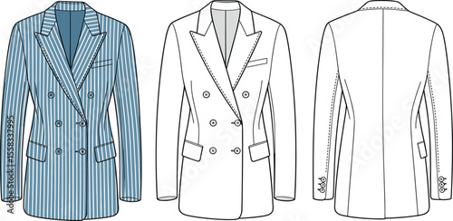 Double breasted men’s blazer fashion flat, striped suit jacket front and back view, technical drawing, formal wear template, tailored style

 flat vector illustration