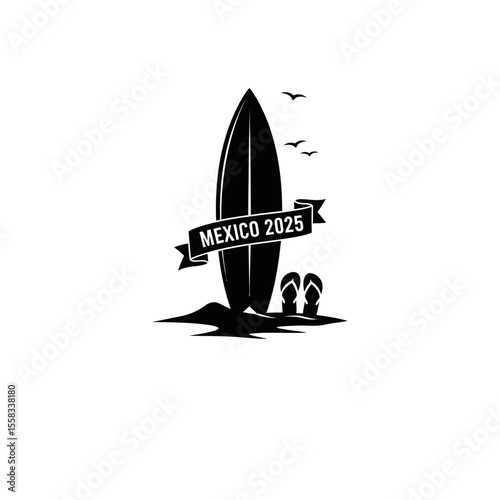 A logo featuring a surfboard, flip flops, and a banner with mexico 2025 for acme distribution
