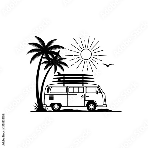Van with surfboards on top near palm trees and sun illustration for acme distribution logo design