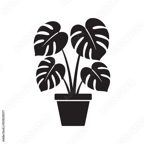 Potted monstera plant silhouette vector illustration, black tropical house plant pot silhouette clipart image