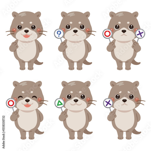 ○×△の札を持ったカワウソのキャラクターイラストセット