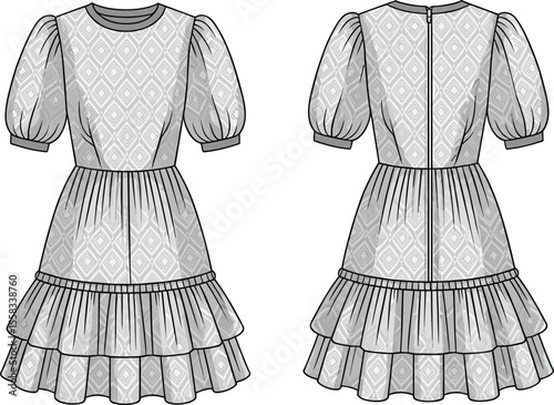 Puff sleeve layered mini dress fashion flat, back zipper, pleated hem, technical sketch, front and back, elegant girly outfit

 flat vector illustration