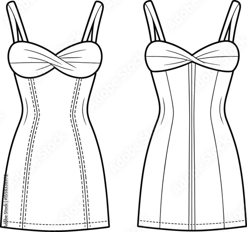 Twist front bodycon mini dress fashion flat, technical sketch, sleeveless fitted silhouette, front back view, elegant modern women wear

 flat vector illustration