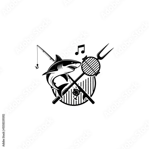 Savage surfcasting and tailgating logo with shark fishing rod and music notes in black and white design