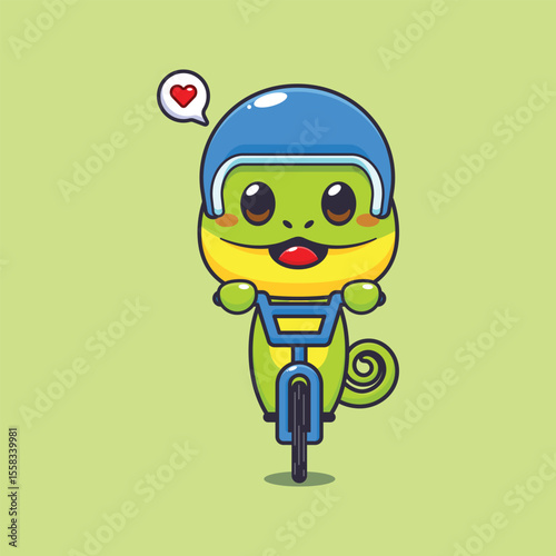 Cute chameleon mascot cartoon character illustration ride on bicycle