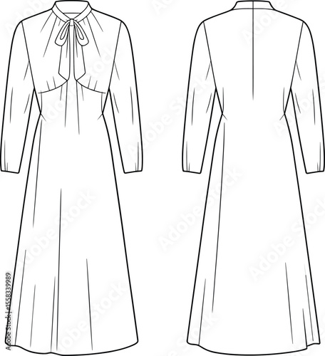 Long sleeve midi dress technical sketch, bow tie collar, front and back view, fashion flat drawing, vector apparel template

 flat vector illustration